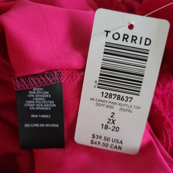 NEW Torrid Candy Pink Ruffle Top Halter Cold Shoulder Lace Barbiecore Size 2 - Picture 6 of 6